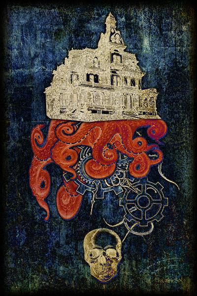 The House of Madness- Windrow Manor perched upon writhing tentacles above a skull and clockworks